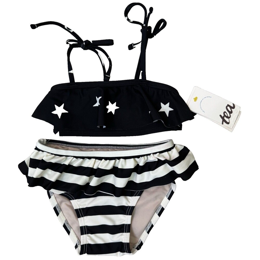 NWT's Tea Collection 2T Ruffle Bikini Swimsuit Black/Cream Stars and Stripes